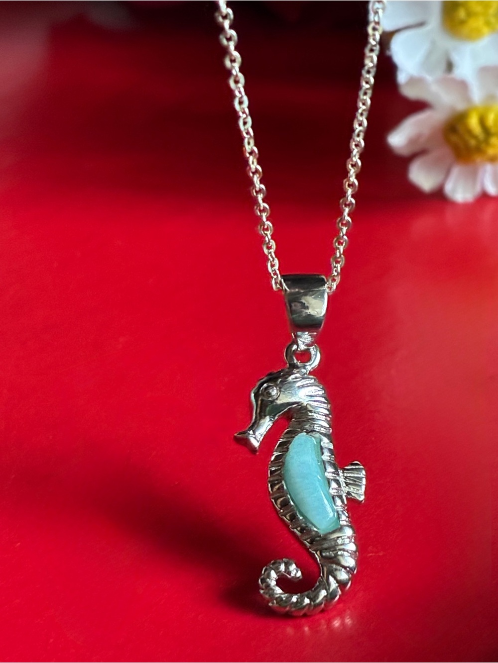 925 Silver Seahorse Pendant Necklace with Light Blue Inlay 21” adjustable